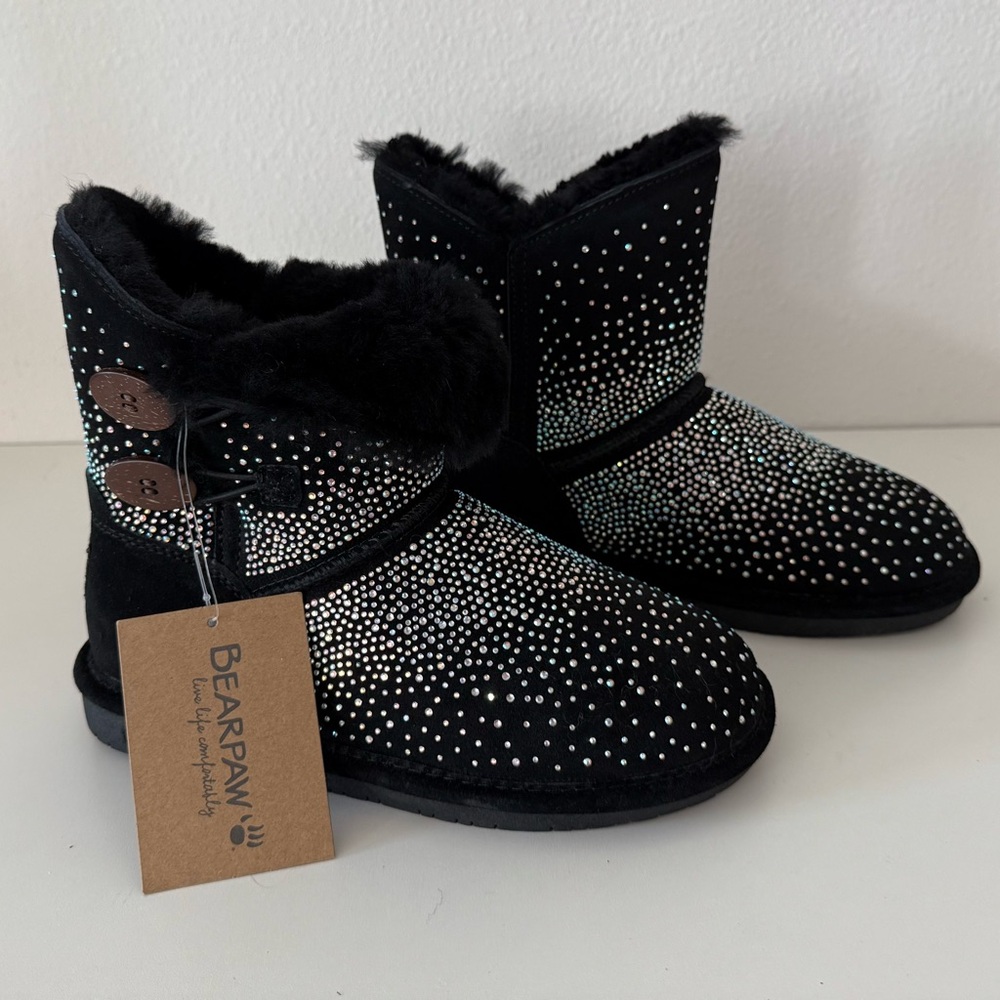 🆕 BEARPAW “Prudence” Pull-On Suede Sparkle black boots NWT $100 size: 7M - Picture 1 of 7
